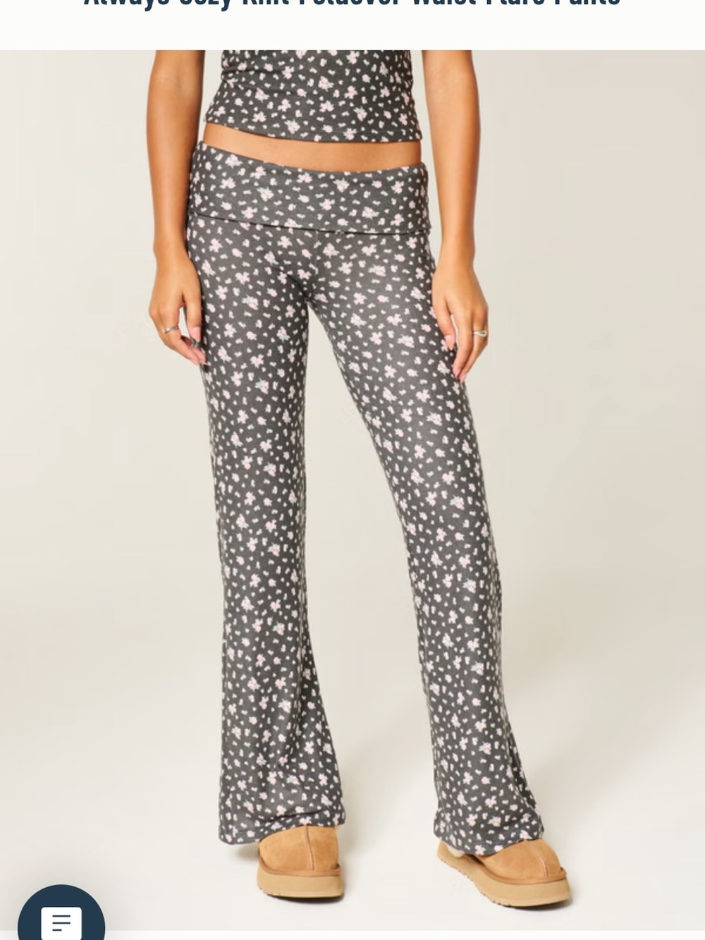 Hollister Gray Foldover Waist Flare Pants with Pink Floral Pattern
